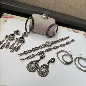 🖤 Black & silver tone statement jewelry bundle – 7 pc set, marcasite style